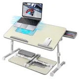 AirOpen Laptoptisch fürs Bett, Höhenverstellbar, Winkelverstellbar, Betttisch Klappbar mit Laptop Kühler, Schublade, Laptop Tisch für Bett, Sofa, Couch, Boden (60 x 34 cm, Beige)