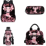 xixirimido 4-teiliges Kinder-Schulrucksack-Set, Lunchbox, Flaschenträger für Jungen und Mädchen, Niedliches Axolotl, Einheitsgröße, Lässiger Tagesrucksack