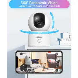 ZOSI 2K WLAN Überwachungskamera Innen, 360° Schwenkbare Kamera Indoor für Baby, 2,4/5Ghz WiFi, KI Personenerkennung, Auto-Tracking, One-Touch-Call, C518