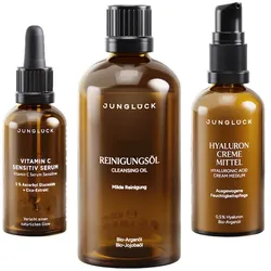 Junglück SET FAHLEN TEINT AUSGLEICHEN - Vitamin C Serum, Reinigungsöl und Hyaluron Creme 180 ml 