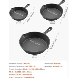 Vevor Gusseisenpfanne Pfannen-Set 3-tlg. 16 cm + 22 cm + 26,5 cm