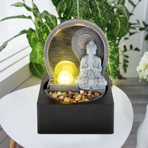 ETC Shop LED Tischbrunnen Wohnzimmer Zierbrunnen Dekoleuchte Asia Zimmerbrunnen Wasserspiel, mit 1,5m Kabel und Pumpe Buddha Design, anthrazit grau, 4x 0,13W LED 3000K 3W Pumpe, L x B x H 18 x 18 x 24 cm