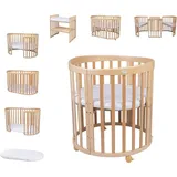 Waldin Babybett OWAL aus Holz 7in1 mit Matratze, mitwachsend,Ohne Stoffset,Holz natur - Naturbelassen