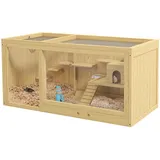 PawHut Hamsterkäfig aus Holz, 100 cm Kleintierstall, Kleintierkäfig Spielhaus für Gerbils Nagerkäfig mit Schaukeln, Leitern, zu öffnendes Dach, Hütte, Natur