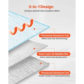 Vevor Isolierfolie, Reflexionsfolie aus Aluminiumfolie, 6 mm, 122 cm x 30,48 m, zweilagiger wärmereflektierender Luftpolsterschutz, Wärmedämmrolle für Garagentorfenster und Wohnmobildächer