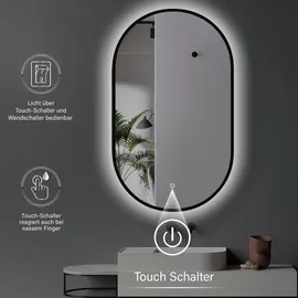 PonteSino HOKO Badspiegel LED 45x75 cm Wandspiegel Oval+Rahmen+LED Wechsel Warmweiß-Kaltweiß-Neutral 2700-6500K+Touch Schalter+Memory-Funktion. Turin - Schwarz