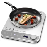 AMZCHEF Einzel Induktionskochplatte, Induktionskochfeld 1 Platte mit Schlankem Design, Elektronischer Drehknopf, 5 automatische Modi, 10 Leistungs- und Temperaturstufen, Zeitschaltuhr, 2000W,Silver