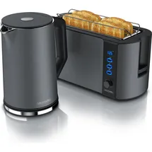 Arendo 2-teiliges Frühstücksset - Edelstahl Wasserkocher 1,5l, 4-Scheiben Langschlitz Toaster, Grau - Grau