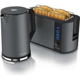 Arendo 2-teiliges Frühstücksset - Edelstahl Wasserkocher 1,5l, 4-Scheiben Langschlitz Toaster, Grau - Grau