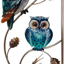 Harms Import Wandbild Wanddeko Außenbereich 2er Set Vögel Eulen Bunt Metall H 69,5 cm