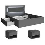 Feldmann-Wohnen Schlafzimmer-Set Fino, (mit 2 Nachtkonsolen mit je 2 Schubladen, 2 Bettschubladen, Griffmulden, 3-tlg., moderne Optik, ohne Soft-Close, LED im Kopfteil), 180x200cm Liegefläche, graphit, mit Lattenrost & LED-Licht grau 276 cm x 100 cm x 204 cm