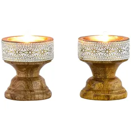 Marrakesch Orient & Mediterran Interior 2er Set Boho Deko Teelichthalter Kerzenständer aus Holz Hamida