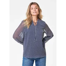 GOLDNER Chiffonbluse Kurzgröße: Chiffonbluse mit Rüschen und Bindeband Gemustertes Design mit femininem Ausschnitt und Bindeband blau 25