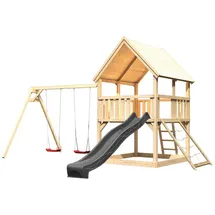 Karibu Kinderspielturm Luis mit Doppelschaukel, Netzrampe und Wellenrutsche Anthrazit