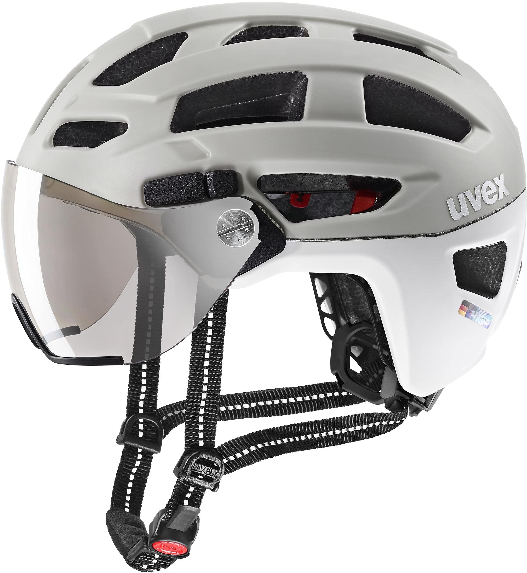 uvex finale visor - sicherer City-Helm für Damen und Herren - mit Visier - inkl. LED-Licht - sand - white matt - 56-61 cm