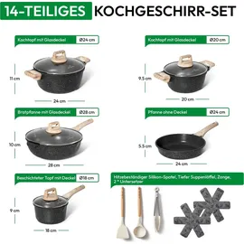 just perfecto Topf und Pfannenset Induktion mit deckel Schwarz ohne PTFE und PFOA 14 pcs - Kochtopfset Aluminium mit Antihaftbeschichtung - Töpfe Set - Schwarz
