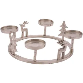 Spetebo Alu Adventskranz Silber mit 3d Figuren - 33 cm Ø Kerzenhalter Aus Aluminium für 4 Stumpenkerzen oder Kugelkerzen - Tischdeko Advents Kerzen Ständer