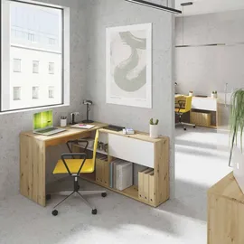 Dmora Schreibtisch Dmangn, Umkehrbarer Eckschreibtisch mit Bücherregal, Arbeits- oder Bürotisch mit mehreren Positionen, 108x70h140 cm, Weiße und