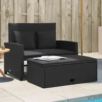 IKAYAA Rattan Lounge, Gartensofa 2 Sitzer, Balkon Lounge Klein, Gartensofa, Rattan Sofa mit Schlaffunktion, Gartensofa mit Hocker mit Stauraum, Balkon Couch, Schwarz