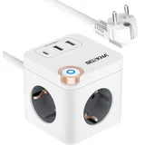 Steckdosenwürfel USB C Mehrfachsteckdose Steckdosenleiste 3-Fach Steckerleiste Überspannungsschutz Steckdose Mehrfachstecker Cube Würfel Steckdosen mit Schalter für Büro Hause 2M Kabel 1,5mm2, Weiß