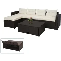 Mendler Poly-Rattan Garnitur HWC-J34, Balkon-/Garten-/Lounge-Set Sitzgruppe Sofa, Staufach ~ braun, Kissen creme-beige
