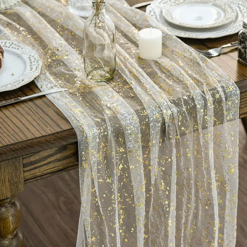 【3 € Rabatt ab 10 €】Beige Gold Gauze Tischläufer 70x300 cm, Glitzer-Metallfolie, transparente Spitzengardine, Tischdekoration für Küche und Esszimmer, Spandex Tischdecke 2er-Pack [6 Fuß] eng anliegend, passgenau, waschbar und knitterarm, dehnbar, rechteckige Terrassen-Tischdecke für Event, Hochzeit, Bankett & Partys [183Lx76Bx76H] cm Schwarz
