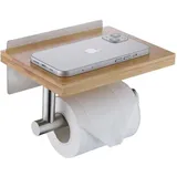 Famanu Toilettenpapierhalter mit natürlicher Bambusablage - Ohne Bohren, Edelstahl, gebürstetes Nickel