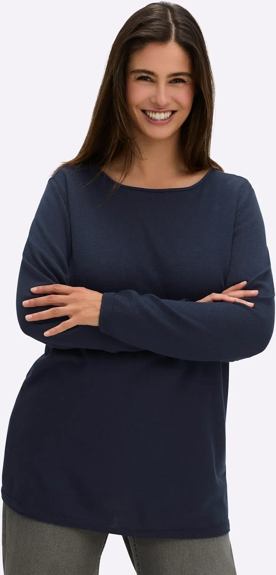 Rundhalspullover SHEEGO "Rundhalspullover", Damen, Gr. 44/46, tiefblau, 70% Viskose, 17% Leinen, 13% Polyester, unifarben, Pullover Rundhalspullover