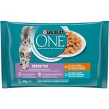 PURINA ONE Feuchte Katze Filellini in Sauce Sensitive mit Huhn und Karotten, mit Thunfisch und Karotten – 48 Beutel à 85 g (12 Packungen mit 4 x 85 g)