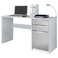 Vladon Schreibtisch Logan, Germany, Bürotisch mit 2 Schubladen und 1 Tür, Weiß matt/Hellgrau Seidenmatt (129 x 76 x 60 cm)