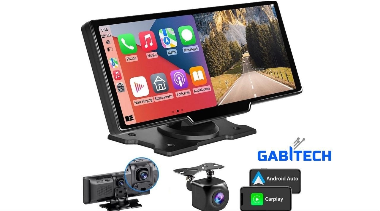 GABITECH 10 Zoll Carplay Smartphone Monitor inkl 2 Kameras & Sprachsteuerung Navigationsgerät (Bluetooth, 1 DVR Dashcam & Videoaufzeichnung, 1 Rückfahrkamera, WiFi) schwarz