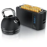 Arendo Frühstücks-Set Edelstahl Wasserkocher 1,7l, 4-Scheiben Langschlitz Toaster, schwarz (2-tlg), Frühstücksset, Wasserkocher Retro, 2200W, Toaster Brötchenaufsatz schwarz