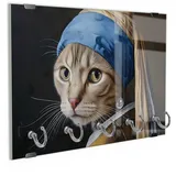 DEQORI Schlüsselbrett 'Mieze mit Perlenohrring', (1 St), Schlüsselhalter Schlüssel Haken Schlüsselboard modern Schlüsselleiste blau|braun