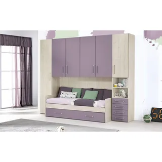 Dafne Italian Design Komplettes Kinderzimmer mit Brücke – Altea-Effekt, Beige, Lavendel (Doppelbett Einzelbett und Kleiderschrank) (cm. 295 x 93 x 245 h)