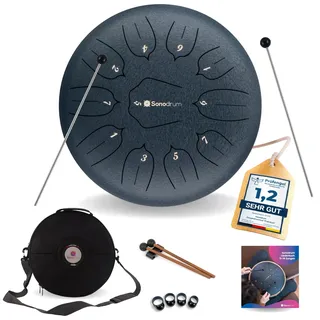 Sonodrum Zungentrommel "Standard" D-Dur in Dunkeblau - 30 cm groß mit 11 Tönen - Steel Tongue Drum inkl. Liederbuch, Schlägel, Fingersticks und Tragetasche - Notenlesen nicht nötig, einfach zu spielen