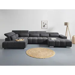 Wohnlandschaft COTTA "Orion U-Form", schwarz, B:409cm H:73cm T:225cm, 100% Polyester, Sofas, mit Kopfteilverstellung & 6 Nierenkissen