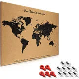 Navaris Kork Pinwand Weltkarte Tafel - 70x50cm Pin Board Korkwand mit Stecknadeln Fahnen Montageset - Pinnwand Memoboard Korktafel