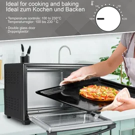 Jago® Minibackofen - mit Umluft, Drehspieß, Innenbeleuchtung, Elektrisch, 60L, 6 Kochmodi, 2000W, Timer, 100 - 230 °, Doppelglastür