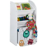 Relaxdays Kinderregal mit 3 Boxen, Monster-Motiv, Kiste mit Rollen, HBT: 80,5x42,5x30 cm, schmales Spielzeugregal, weiß, 10037514_0