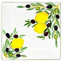 Lashuma Servierplatte Zitrone Olive, Keramik, (1-tlg., 27 x 27 cm), Quadratischer Obstteller mit Zitronen Oliven Design weiß