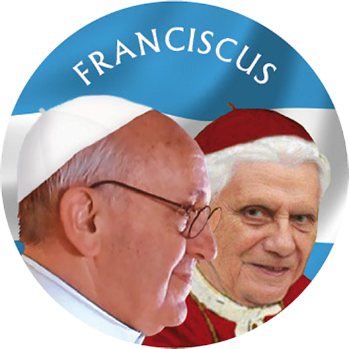 Benedikt und Franziskus: Kolorierte Gedenkmünze mit Doppelportrait
