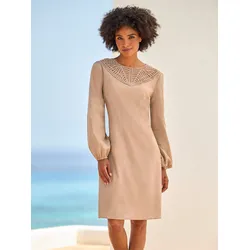 A-Linien-Kleid HEINE "Kleid", Damen, Gr. 50, Normalgrößen, braun (camel), 70% Baumwolle, 30% Leinen, unifarben, kurz, Rundhals, Langarm, Kleider
