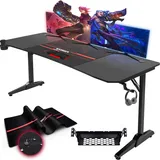 Devoko Gaiming Tisch 180cm Gaming Schreibtisch Gamer Computertisch Ergonomischer PC Schreibtisch mit Kabelaufbewahrungsbox, Getränkehalter und Kopfhörerhalter T-förmiger (Schwarz, 180 x 70 x 75 cm)