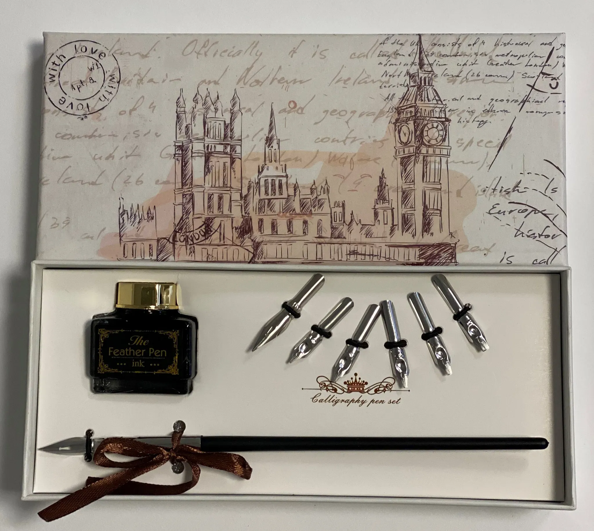 RHEITA Federhalter mit 6 Federn +1 Tintenfass in Geschenkverpackung