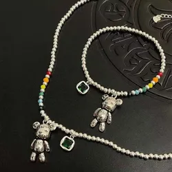 S925 Silber Stempel Halskette Armband Schmuck Trend Einfache Perlenkette Design Bär Zirkon Anhänger Party Schmuck