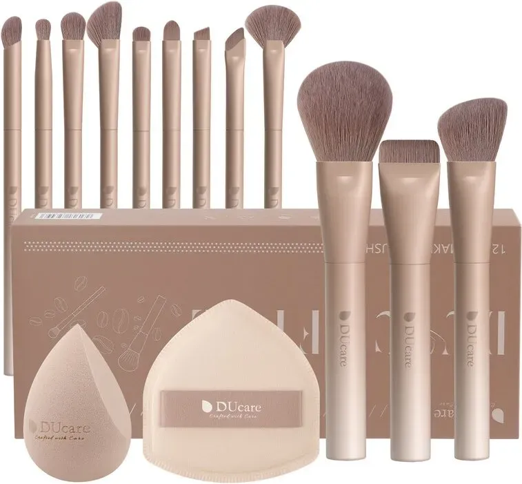 DUcare 12-teiliges Ultimate Coffee Glamour-Make-up-Pinselset mit Schwamm, Puderquaste & tragbarer Aufbewahrungsbox