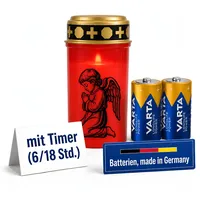 Fachhandel Plus LED Grablicht mit Timer 6/18 Std Motivwahl Grabkerze LED mit Batterie inklusive 2x Varta Longlife C LR14 für Friedhof Gedenkplatz und Außenbereich (Rot, betender Engel)