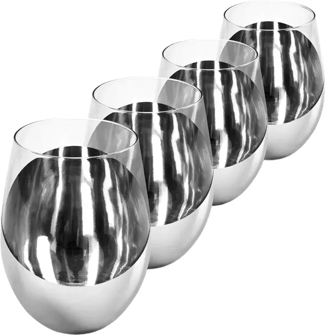 MyGift Premium Silberne Weingläser ohne Stiel Geschenkset aus 4 modernen metallischen Barware mit eleganten Akzenten, perfektes Hochzeits- & Jubiläumsgeschenk - spülmaschinenfest & bruchsicher