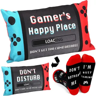 Gamer-Vatertagsgeschenke, Gamer-Vater-Geschenke, Gamer-Geschenke für Teenager Jungen, Osterkorbfüller für Teenager, Gaming-Geschenke für Männer, Vater, Freunde, EIN Paar Gamer-Socken + 1 Kissenbezug