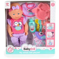 Moni Kinderpuppe 31 cm Rucksack und Zubehör Besteck Lätzchen Kleidung Stirnband lila